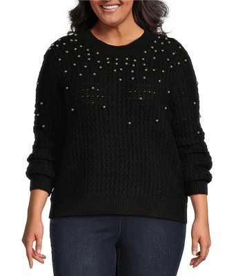 Jessica Simpson Plus Long Sleeve Kamari Embellished Textured-Stripe Sweater