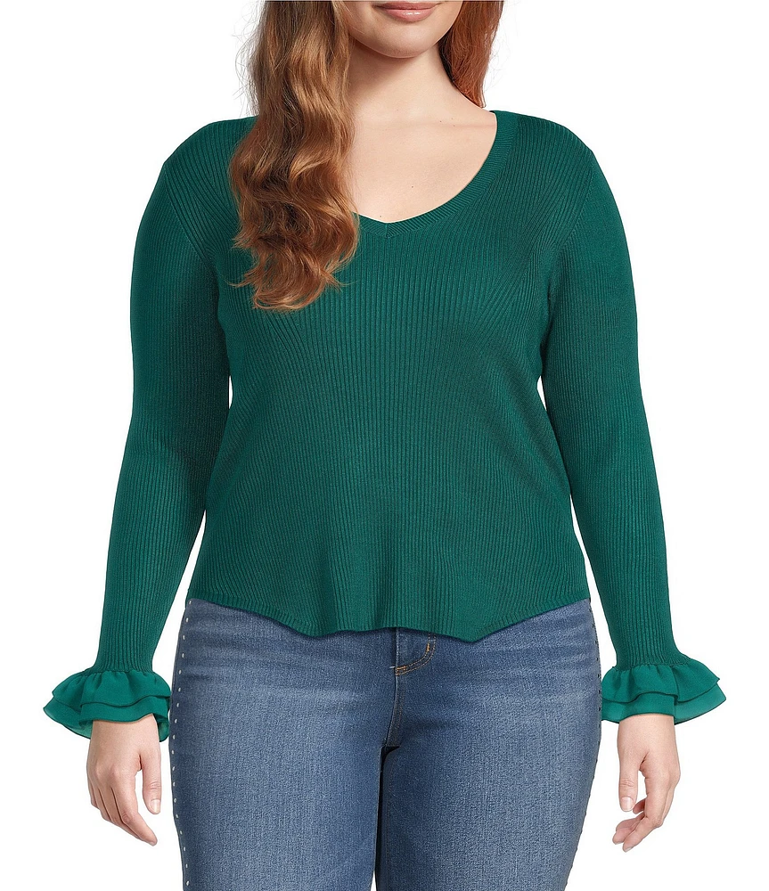 Jessica Simpson Plus Long Sleeve Selu Chiffon-Trimmed Sweater