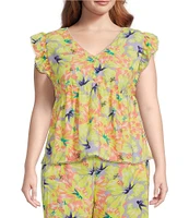 Jessica Simpson Plus Size Inge V-Neck Ruffle Cap Sleeve Printed Blouse