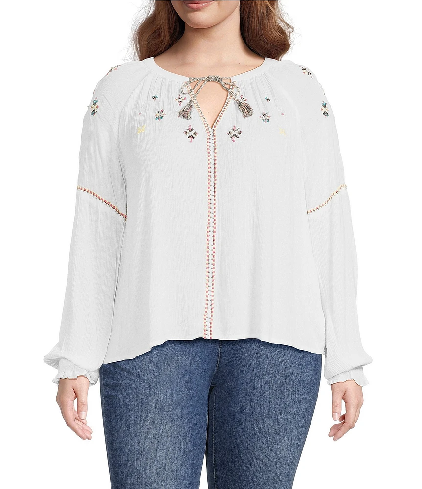 Jessica Simpson Plus Size Lissy Embroidered Long Sleeve Tassel Front Blouse