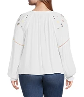 Jessica Simpson Plus Size Lissy Embroidered Long Sleeve Tassel Front Blouse