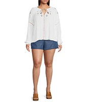 Jessica Simpson Plus Size Lissy Embroidered Long Sleeve Tassel Front Blouse