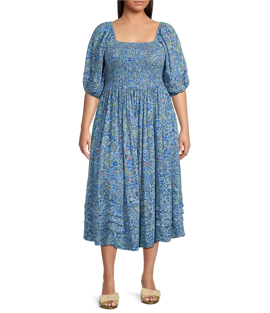 Jessica Simpson Plus Size Simona Floral Print Square Neck Smocked 3/4 Elbow Sleeve Pleated Midi Dress