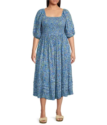 Jessica Simpson Plus Size Simona Floral Print Square Neck Smocked 3/4 Elbow Sleeve Pleated Midi Dress