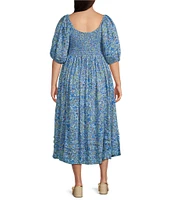 Jessica Simpson Plus Size Simona Floral Print Square Neck Smocked 3/4 Elbow Sleeve Pleated Midi Dress