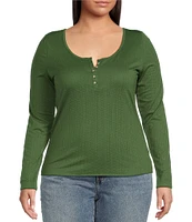 Jessica Simpson Plus Tahani Long Sleeve Solid Henley Top