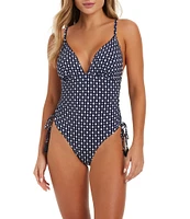 Jessica Simpson Shibori Plunge Neck Drawstring One Piece Swimsuit