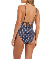 Jessica Simpson Shibori Plunge Neck Drawstring One Piece Swimsuit