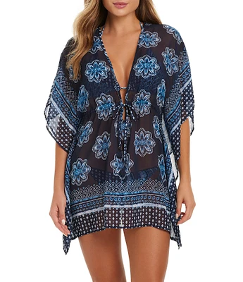 Jessica Simpson Shibori Plunge Neck Tie Front Caftan Swim Cover-Up