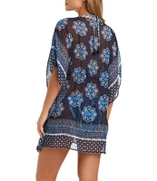 Jessica Simpson Shibori Plunge Neck Tie Front Caftan Swim Cover-Up