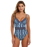 Jessica Simpson Shibori V-Neck Underwire One Piece Swimsuit