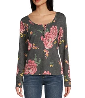 Jessica Simpson Tahani Long-Sleeve Sketchy Rose Printed Henley Top