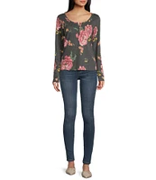 Jessica Simpson Tahani Long-Sleeve Sketchy Rose Printed Henley Top