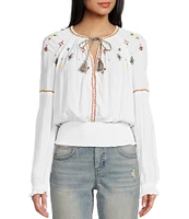 Jessica Simpson Tanuka Long Sleeve Embroidered Smocked Woven Blouse