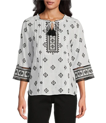 John Mark Allover Embroidered Split V-Neck 3/4 Sleeve Tassel Tie Tunic