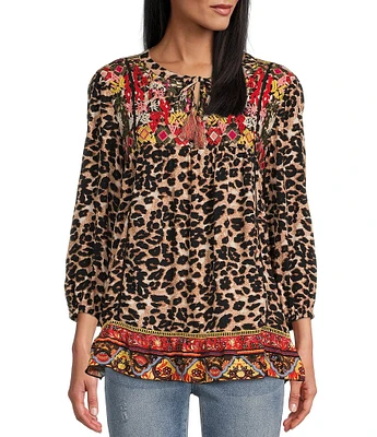 John Mark 3/4 Blouson Sleeve Round Neck Tassel Tie Animal Print Embroidered Tunic