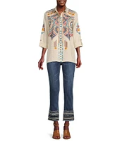 John Mark 5-Pocket Geometric Embroidered Hem Flared Ankle Jeans