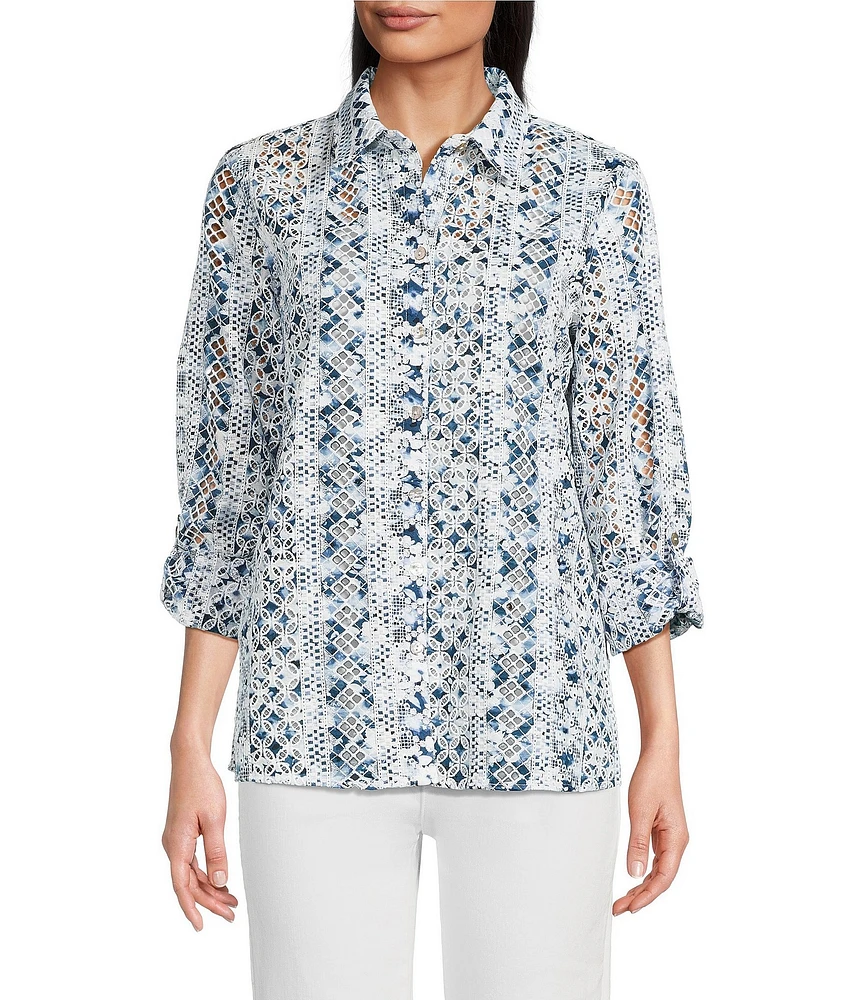 John Mark Allover Embroidered Eyelet Printed Point Collar Long Roll-Tab Sleeve Button Front Tunic