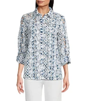 John Mark Allover Embroidered Eyelet Printed Point Collar Long Roll-Tab Sleeve Button Front Tunic