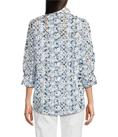 John Mark Allover Embroidered Eyelet Printed Point Collar Long Roll-Tab Sleeve Button Front Tunic