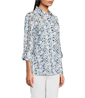 John Mark Allover Embroidered Eyelet Printed Point Collar Long Roll-Tab Sleeve Button Front Tunic