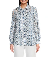John Mark Allover Embroidered Eyelet Printed Point Collar Long Roll-Tab Sleeve Button Front Tunic