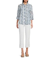 John Mark Allover Embroidered Eyelet Printed Point Collar Long Roll-Tab Sleeve Button Front Tunic