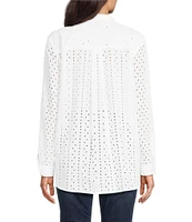 John Mark Allover Embroidered Eyelet Wire Neck Long Roll-Tab Sleeve Button Front Blouse
