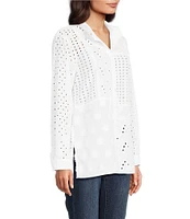 John Mark Allover Embroidered Eyelet Wire Neck Long Roll-Tab Sleeve Button Front Blouse