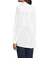 John Mark Allover Embroidered Eyelet Wire Neck Long Roll-Tab Sleeve Button Front Blouse