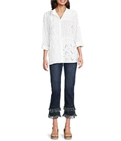 John Mark Allover Embroidered Eyelet Wire Neck Long Roll-Tab Sleeve Button Front Blouse