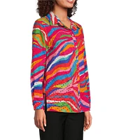 John Mark Allover Eyelet Embroidered Watercolor Print Point Collar Long Roll-Tab Sleeve Button Front Blouse