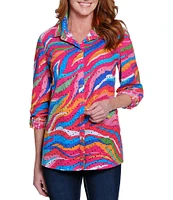 John Mark Allover Eyelet Embroidered Watercolor Print Point Collar Long Roll-Tab Sleeve Button Front Blouse