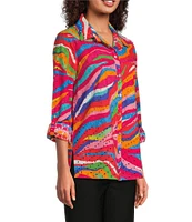 John Mark Allover Eyelet Embroidered Watercolor Print Point Collar Long Roll-Tab Sleeve Button Front Blouse