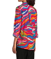 John Mark Allover Eyelet Embroidered Watercolor Print Point Collar Long Roll-Tab Sleeve Button Front Blouse