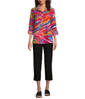 John Mark Allover Eyelet Embroidered Watercolor Print Point Collar Long Roll-Tab Sleeve Button Front Blouse