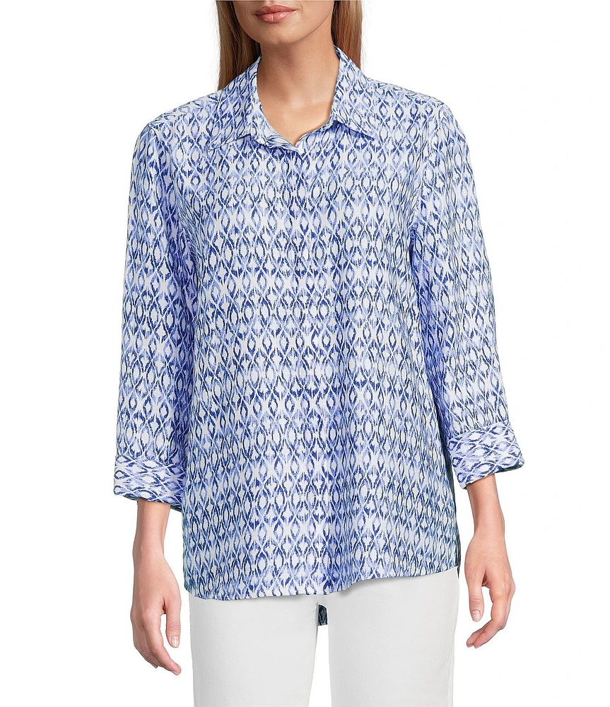 John Mark Allover Ikat Print Point Collar 3/4 Sleeve Hi-Low Hem Button Front Shirt
