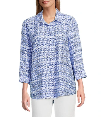 John Mark Allover Ikat Print Point Collar 3/4 Sleeve Hi-Low Hem Button Front Shirt