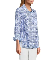 John Mark Allover Ikat Print Point Collar 3/4 Sleeve Hi-Low Hem Button Front Shirt