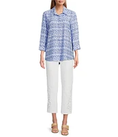 John Mark Allover Ikat Print Point Collar 3/4 Sleeve Hi-Low Hem Button Front Shirt