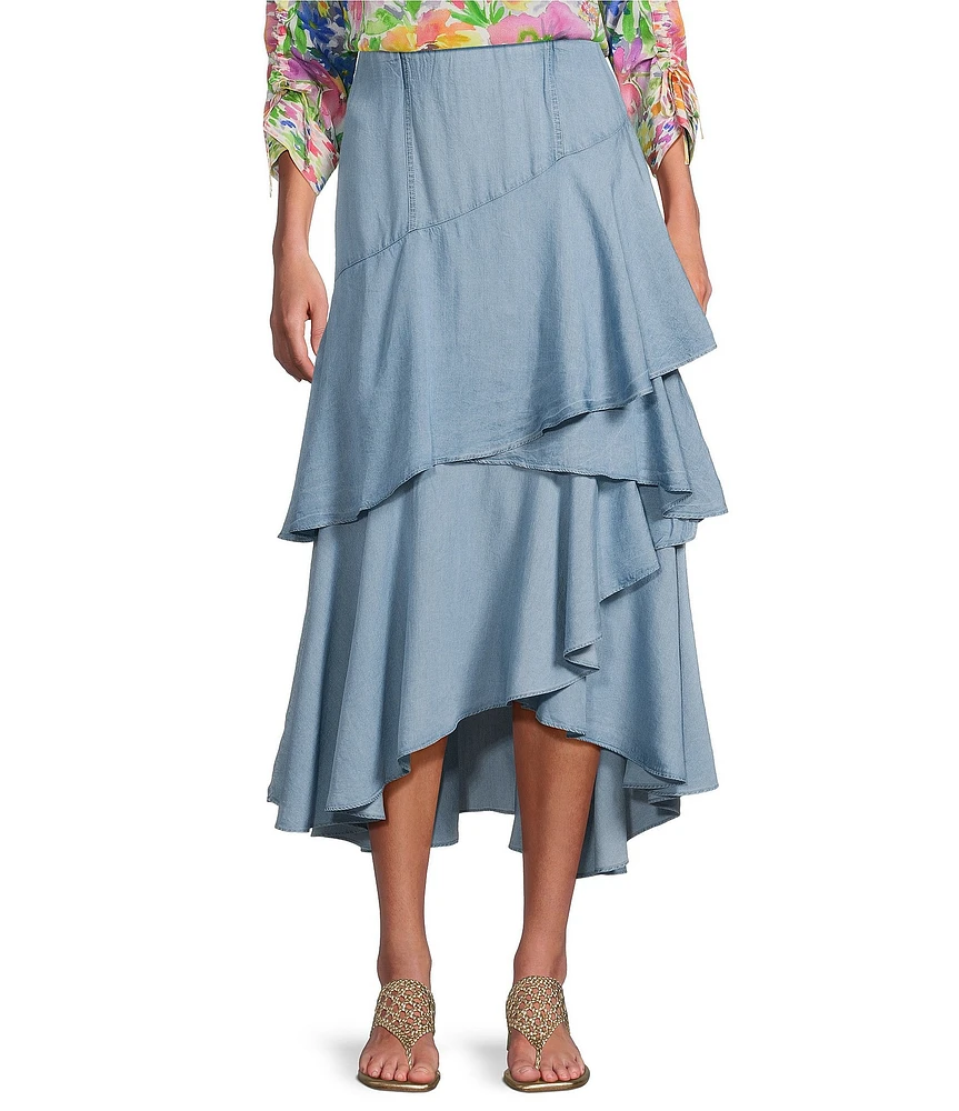 John Mark Asymmetrical Tiered A-Line Midi Skirt