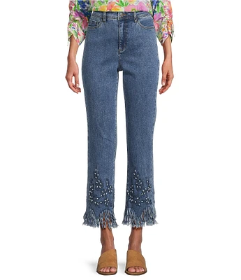 John Mark Beaded Floral Straight Leg Cropped Pants