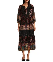 John Mark Burnout Velvet Printed Tiered Y-Neck 3/4 Sleeve Dress