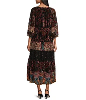 John Mark Burnout Velvet Printed Tiered Y-Neck 3/4 Sleeve Dress