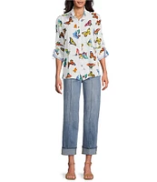 John Mark Butterfly Print Wire Collar 3/4 Sleeve Button Front Tunic