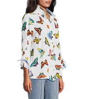 John Mark Butterfly Print Wire Collar 3/4 Sleeve Button Front Tunic