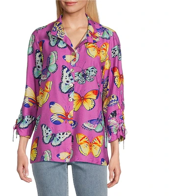 John Mark Butterfly Print Wire Collar Cinch Tie Sleeve Button Front Shirt