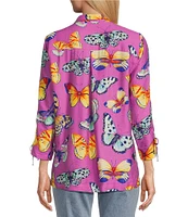 John Mark Butterfly Print Wire Collar Cinch Tie Sleeve Button Front Shirt