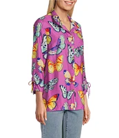 John Mark Butterfly Print Wire Collar Cinch Tie Sleeve Button Front Shirt