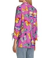 John Mark Butterfly Print Wire Collar Cinch Tie Sleeve Button Front Shirt